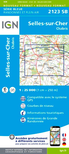 Couverture de l’ouvrage Carte IGN, série bleue randonnée et plein air : 2123 SB - Selles-sur-Cher, Chabris