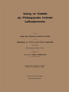 Couverture de l’ouvrage Beitrag zur Kenntnis des Wirkungsgrades trockener Luftkompressoren