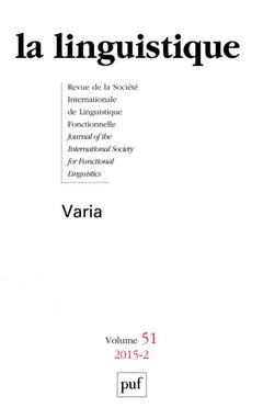 Couverture de l’ouvrage La linguistique 2015 vol.51- n 2