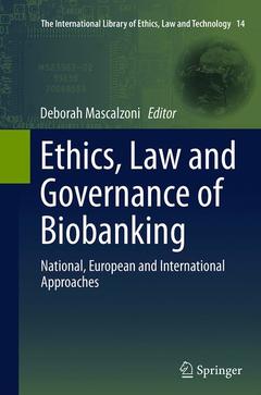 Couverture de l’ouvrage Ethics, Law and Governance of Biobanking