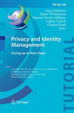 Cover of the book Privacy and Identity Management. Facing up to Next Steps