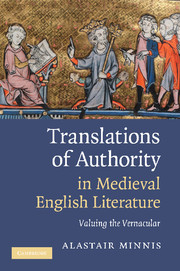 Couverture de l’ouvrage Translations of Authority in Medieval English Literature
