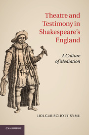 Cover of the book Theatre and Testimony in Shakespeare's England