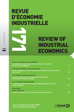 Couverture de l’ouvrage Revue d'économie industrielle 2020/3 - 171 - Varia
