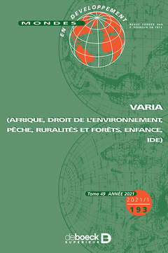 Couverture de l’ouvrage Mondes en développement 2021/1 - 193 - Varia (Afrique, droit de l'environnement, pêche, ruralités et