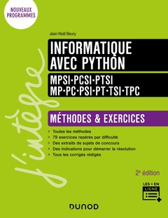 Couverture de l’ouvrage Informatique avec Python - Méthodes et exercices - MPSI-PCSI-PTSI-MP-PC-PSI-PT-TSI-TPC - 2e éd.