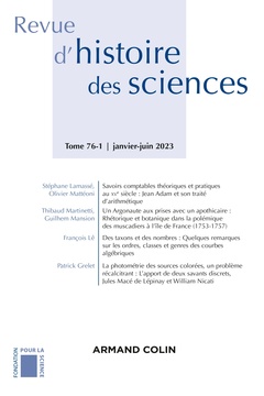 Couverture de l’ouvrage Revue d'histoire des sciences 1/2023