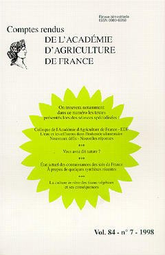 Couverture de l'ouvrage Colloque de l'Académie d'Agriculture de France-EDF. L'eau et les effluents dans l'industrie alimentaire Nouveaux défis.. (Comptes rendus AAF vol 84 n°7 1998)